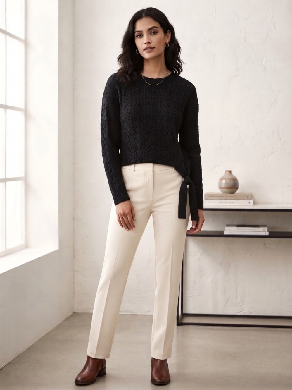 LOFT Black Knit Crewneck Sweater with Side Tie